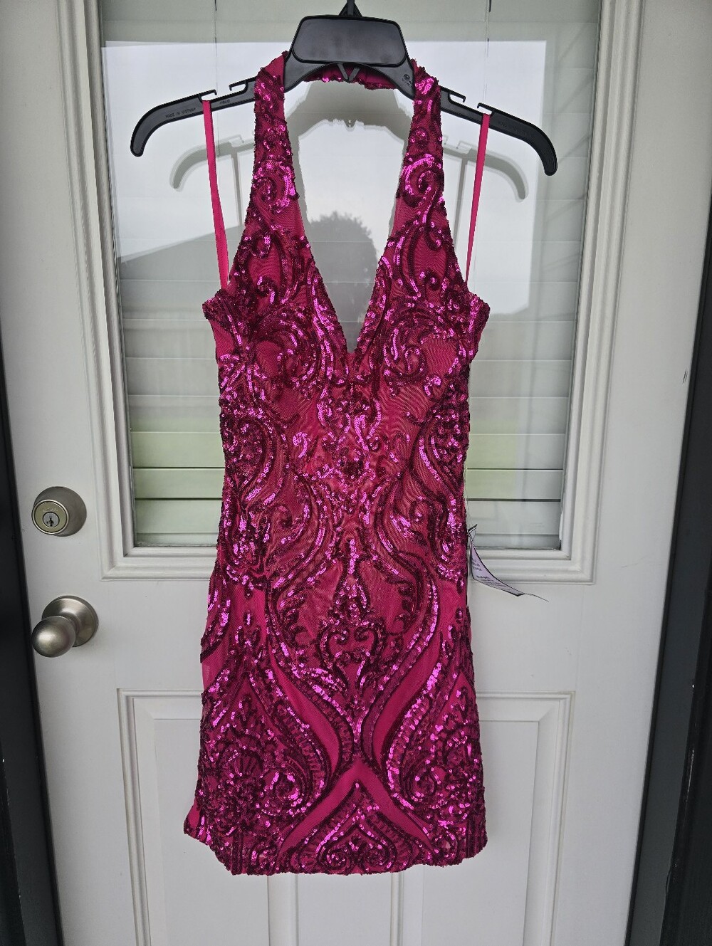 B Darlin Hot Pink Sequin Bodycon Dress Sz 11 Halter Neck Party Club Homecoming - Picture 2 of 11